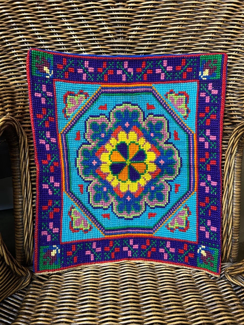 Vintage Ukrainian Multicolor Floral Needlepoint Pillowcase Turquoise, Purple